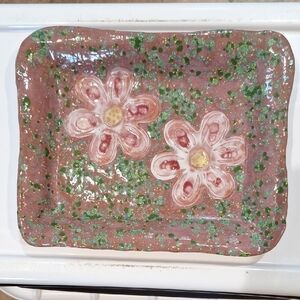 Floral Ceramic Tray with Green and Brown Accents